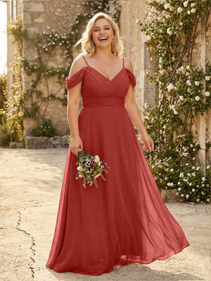 Spaghetti Straps Chiffon Pleated  Off the Shoulder Bridesmaid Dresses