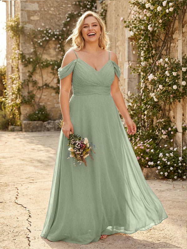 Spaghetti Straps Chiffon Pleated  Off the Shoulder Bridesmaid Dresses