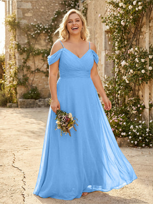 Spaghetti Straps Chiffon Pleated  Off the Shoulder Bridesmaid Dresses