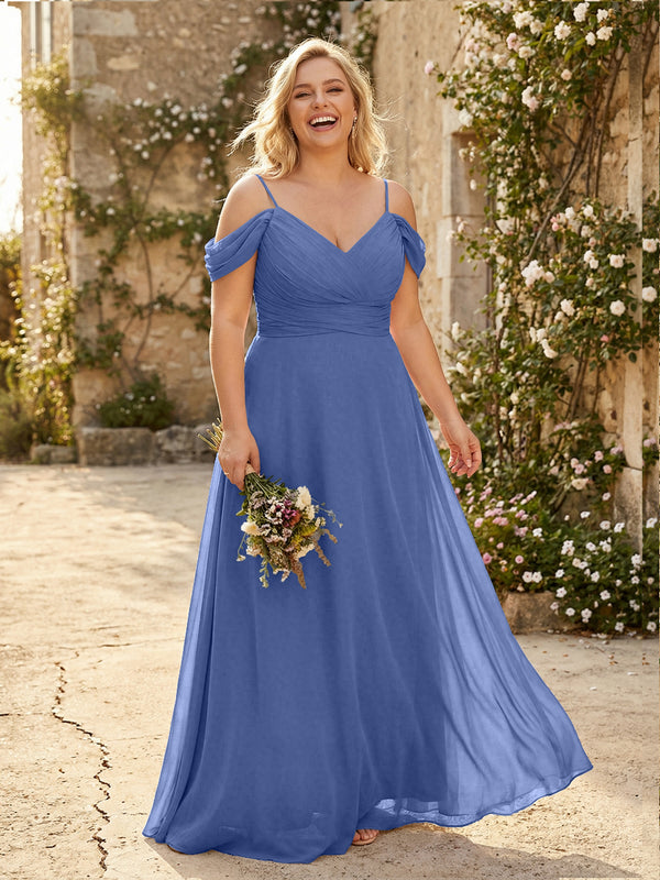 Spaghetti Straps Chiffon Pleated  Off the Shoulder Bridesmaid Dresses