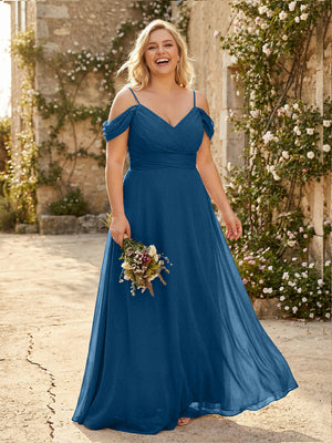 Spaghetti Straps Chiffon Pleated  Off the Shoulder Bridesmaid Dresses