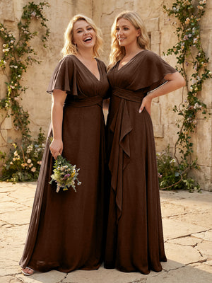 Chiffon V Neck Pleated Corset Bridesmaid Dresses