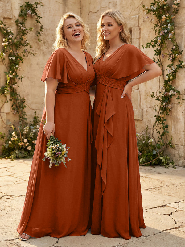 Chiffon V Neck Pleated Corset Bridesmaid Dresses