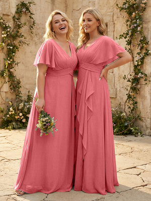 Chiffon V Neck Pleated Corset Bridesmaid Dresses