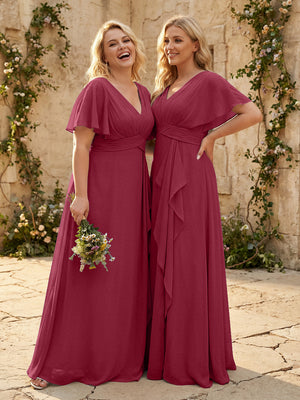Chiffon V Neck Pleated Corset Bridesmaid Dresses