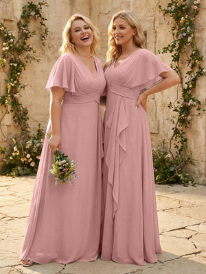 Chiffon V Neck Pleated Corset Bridesmaid Dresses