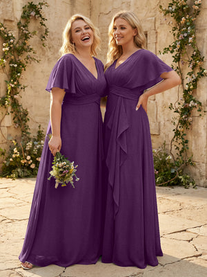 Chiffon V Neck Pleated Corset Bridesmaid Dresses