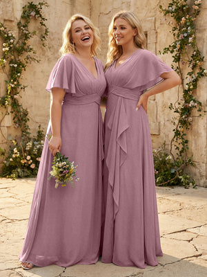 Chiffon V Neck Pleated Corset Bridesmaid Dresses