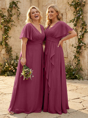 Chiffon V Neck Pleated Corset Bridesmaid Dresses