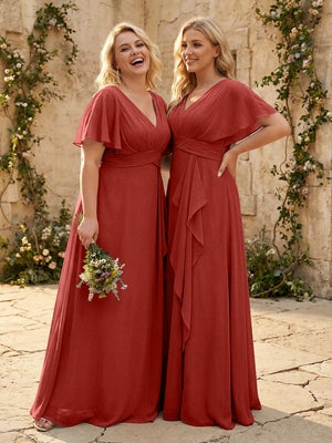 Chiffon V Neck Pleated Corset Bridesmaid Dresses