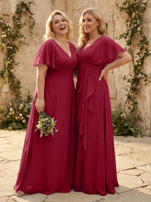 Chiffon V Neck Pleated Corset Bridesmaid Dresses
