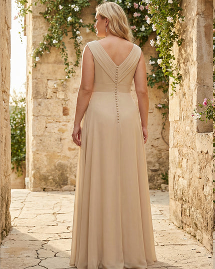 V Neck Pleated Chiffon Side Slit Bridesmaid Dresses with Pockets