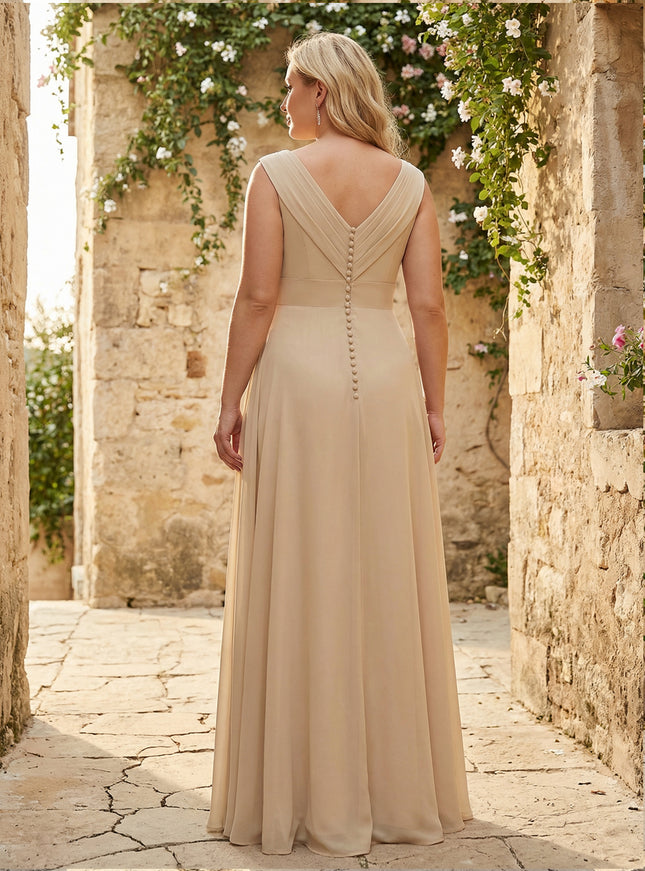 V Neck Pleated Chiffon Side Slit Bridesmaid Dresses with Pockets