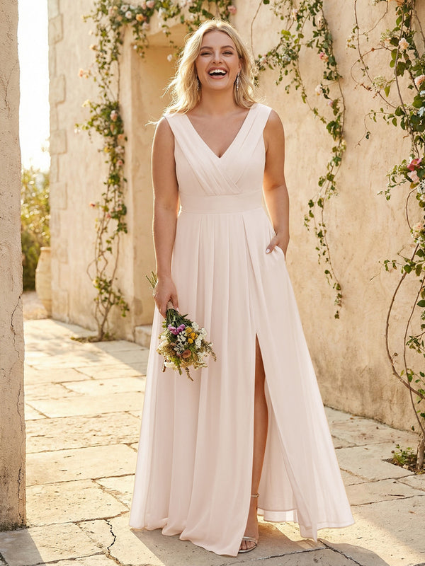 V Neck Pleated Chiffon Side Slit Bridesmaid Dresses with Pockets