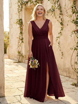 V Neck Pleated Chiffon Side Slit Bridesmaid Dresses with Pockets