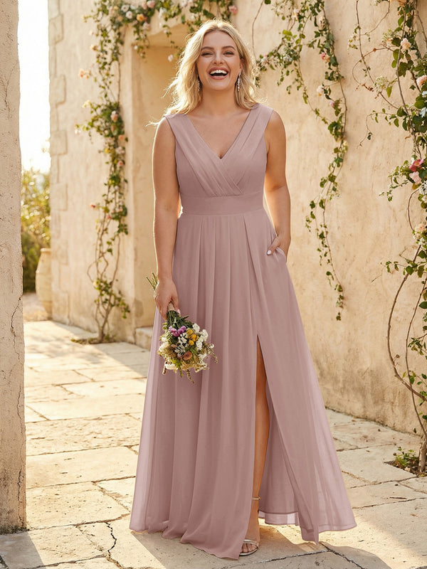 V Neck Pleated Chiffon Side Slit Bridesmaid Dresses with Pockets