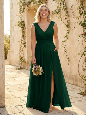 V Neck Pleated Chiffon Side Slit Bridesmaid Dresses with Pockets