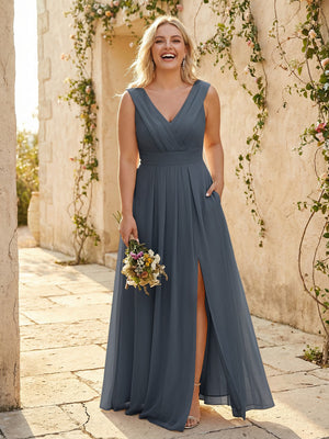 V Neck Pleated Chiffon Side Slit Bridesmaid Dresses with Pockets