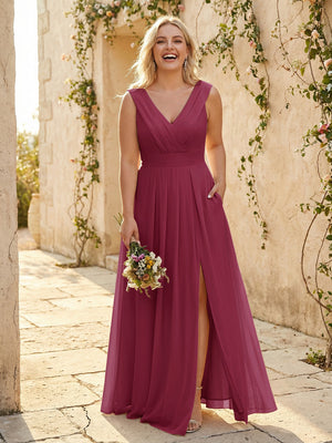 V Neck Pleated Chiffon Side Slit Bridesmaid Dresses with Pockets