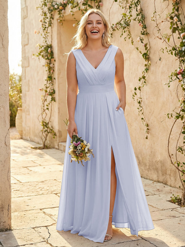 V Neck Pleated Chiffon Side Slit Bridesmaid Dresses with Pockets