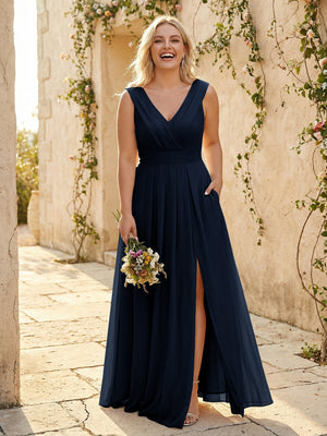 V Neck Pleated Chiffon Side Slit Bridesmaid Dresses with Pockets