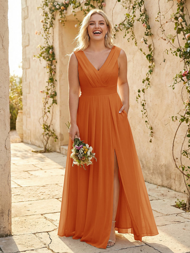 V Neck Pleated Chiffon Side Slit Bridesmaid Dresses with Pockets