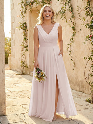 V Neck Pleated Chiffon Side Slit Bridesmaid Dresses with Pockets