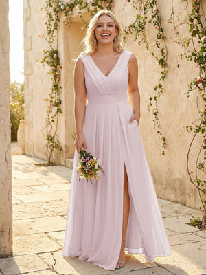 V Neck Pleated Chiffon Side Slit Bridesmaid Dresses with Pockets