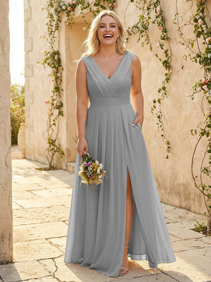 V Neck Pleated Chiffon Side Slit Bridesmaid Dresses with Pockets