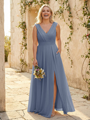 V Neck Pleated Chiffon Side Slit Bridesmaid Dresses with Pockets
