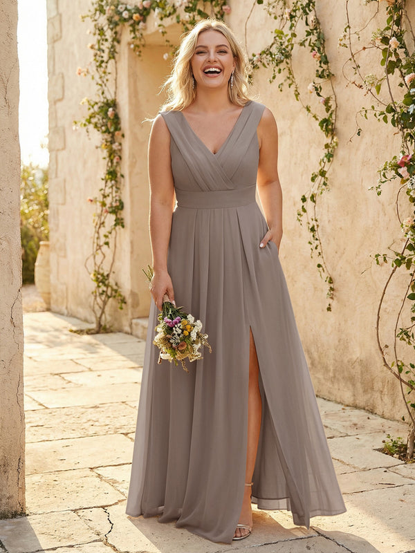 V Neck Pleated Chiffon Side Slit Bridesmaid Dresses with Pockets