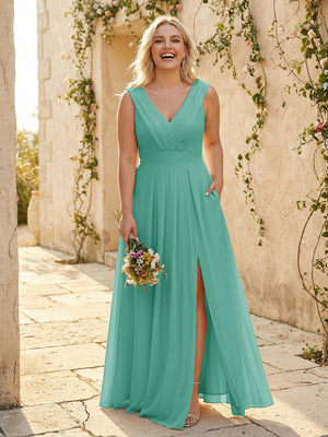 V Neck Pleated Chiffon Side Slit Bridesmaid Dresses with Pockets