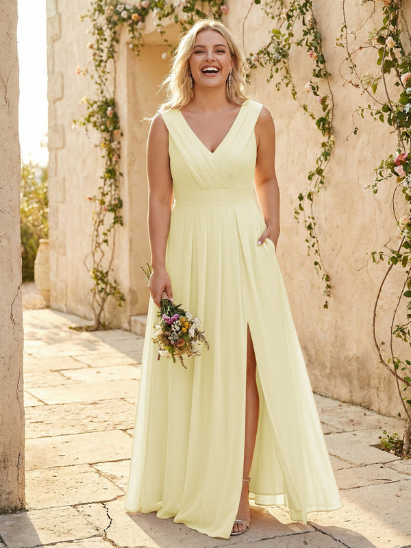 V Neck Pleated Chiffon Side Slit Bridesmaid Dresses with Pockets