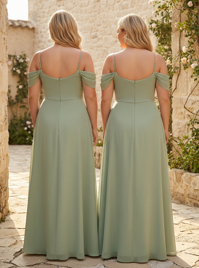Spaghetti Straps Pleated Chiffon Sweetheart Bridesmaid Dresses with Slit