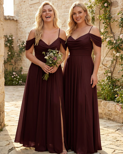 Spaghetti Straps Pleated Chiffon Sweetheart Bridesmaid Dresses with Slit
