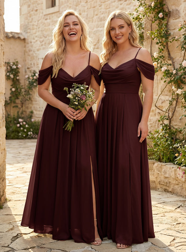 Spaghetti Straps Pleated Chiffon Sweetheart Bridesmaid Dresses with Slit