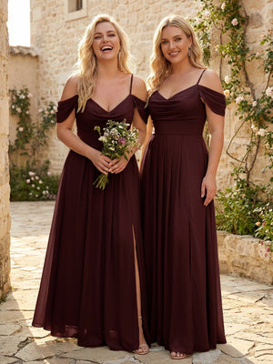 Spaghetti Straps Pleated Chiffon Sweetheart Bridesmaid Dresses with Slit