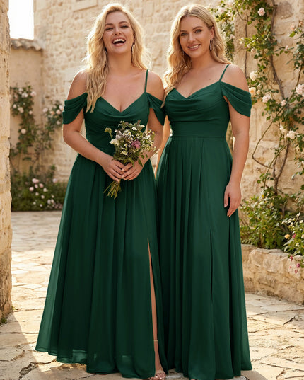 Spaghetti Straps Pleated Chiffon Sweetheart Bridesmaid Dresses with Slit