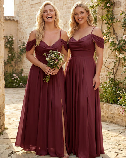 Spaghetti Straps Pleated Chiffon Sweetheart Bridesmaid Dresses with Slit