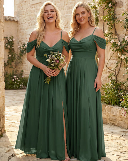 Spaghetti Straps Pleated Chiffon Sweetheart Bridesmaid Dresses with Slit