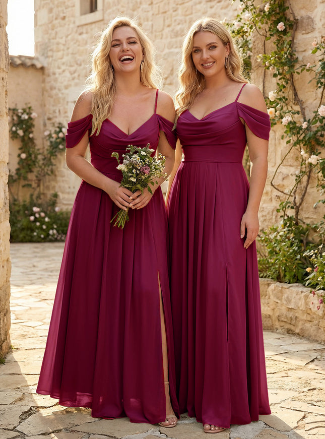 Spaghetti Straps Pleated Chiffon Sweetheart Bridesmaid Dresses with Slit