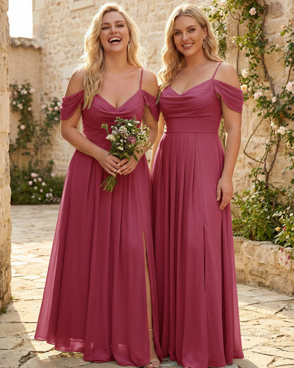 Spaghetti Straps Pleated Chiffon Sweetheart Bridesmaid Dresses with Slit