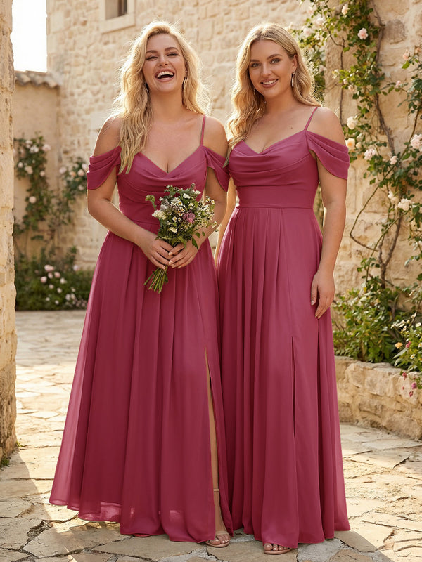 Spaghetti Straps Pleated Chiffon Sweetheart Bridesmaid Dresses with Slit