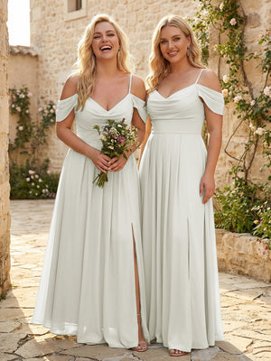 Spaghetti Straps Pleated Chiffon Sweetheart Bridesmaid Dresses with Slit