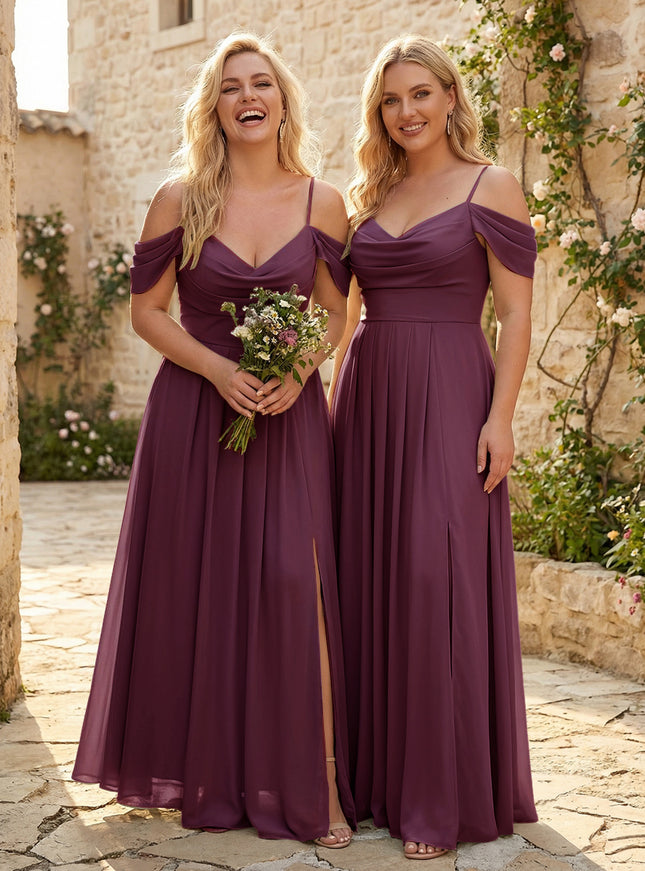 Spaghetti Straps Pleated Chiffon Sweetheart Bridesmaid Dresses with Slit