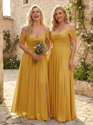 Spaghetti Straps Pleated Chiffon Sweetheart Bridesmaid Dresses with Slit