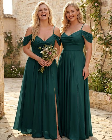 Spaghetti Straps Pleated Chiffon Sweetheart Bridesmaid Dresses with Slit
