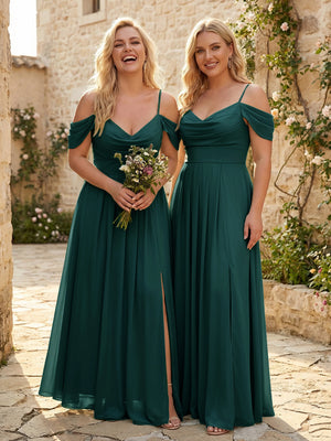 Spaghetti Straps Pleated Chiffon Sweetheart Bridesmaid Dresses with Slit