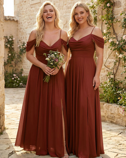 Spaghetti Straps Pleated Chiffon Sweetheart Bridesmaid Dresses with Slit