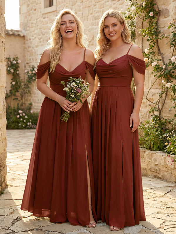 Spaghetti Straps Pleated Chiffon Sweetheart Bridesmaid Dresses with Slit